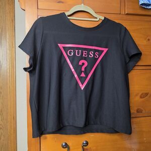 Guess Mesh Logo Crop Top Size Large Black Hot Pink 80's Retro Streetwear